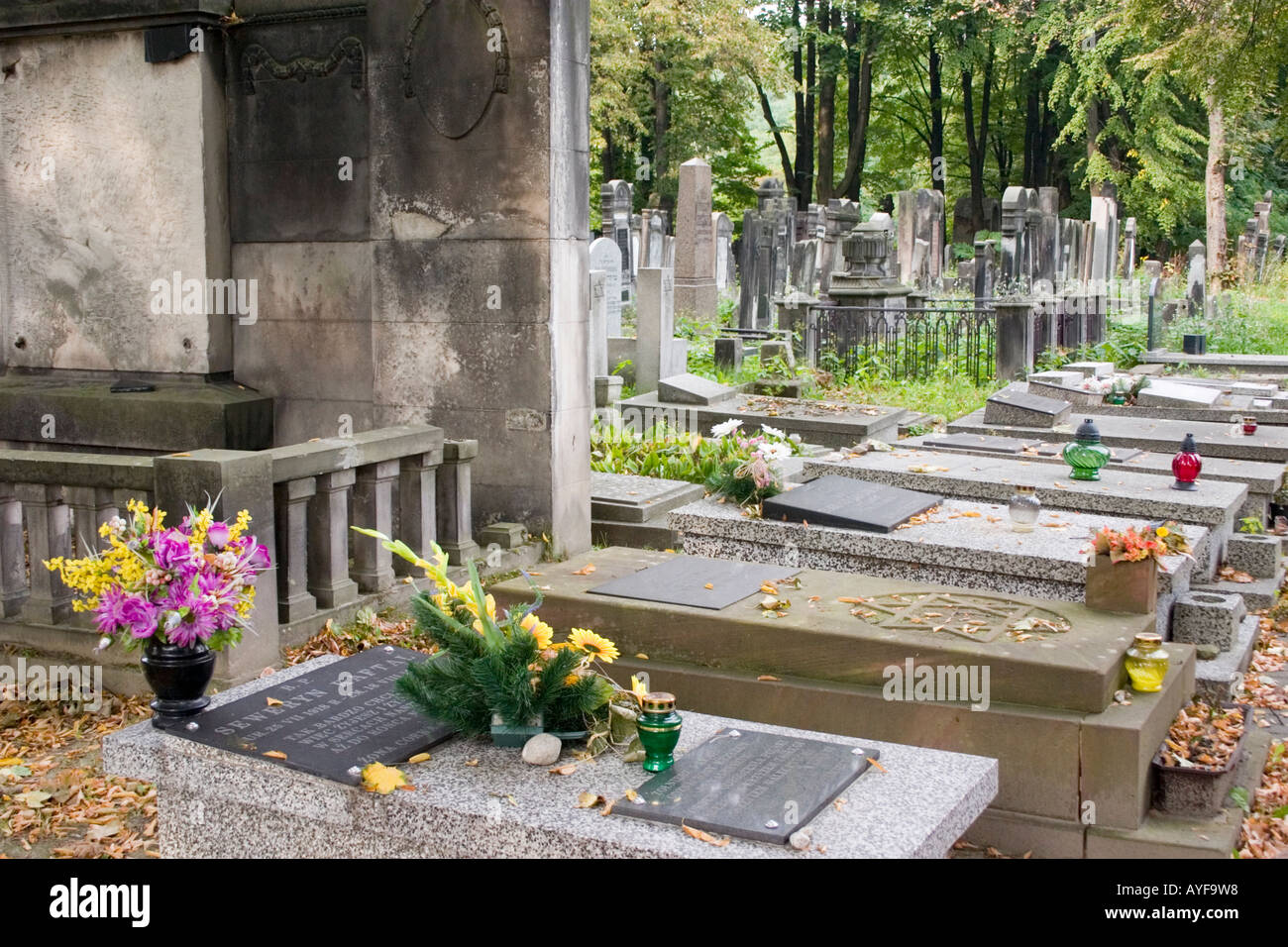 Gravestones and memorial flowers at Historic Jewish Cemetery. Lodz Central Poland Stock Photo