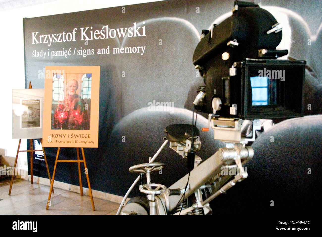 Mobile movie camera with exhibit of director Krzysztof Kieslowski work at Muzeum Kinematografii. Lodz Central Poland Stock Photo