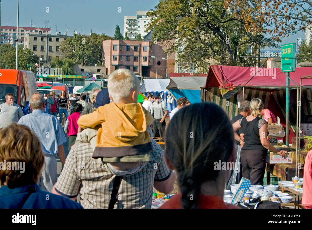 Crowd enjoying fine weather at the Balucki Rynek Market. Lodz Central Poland Stock Photo