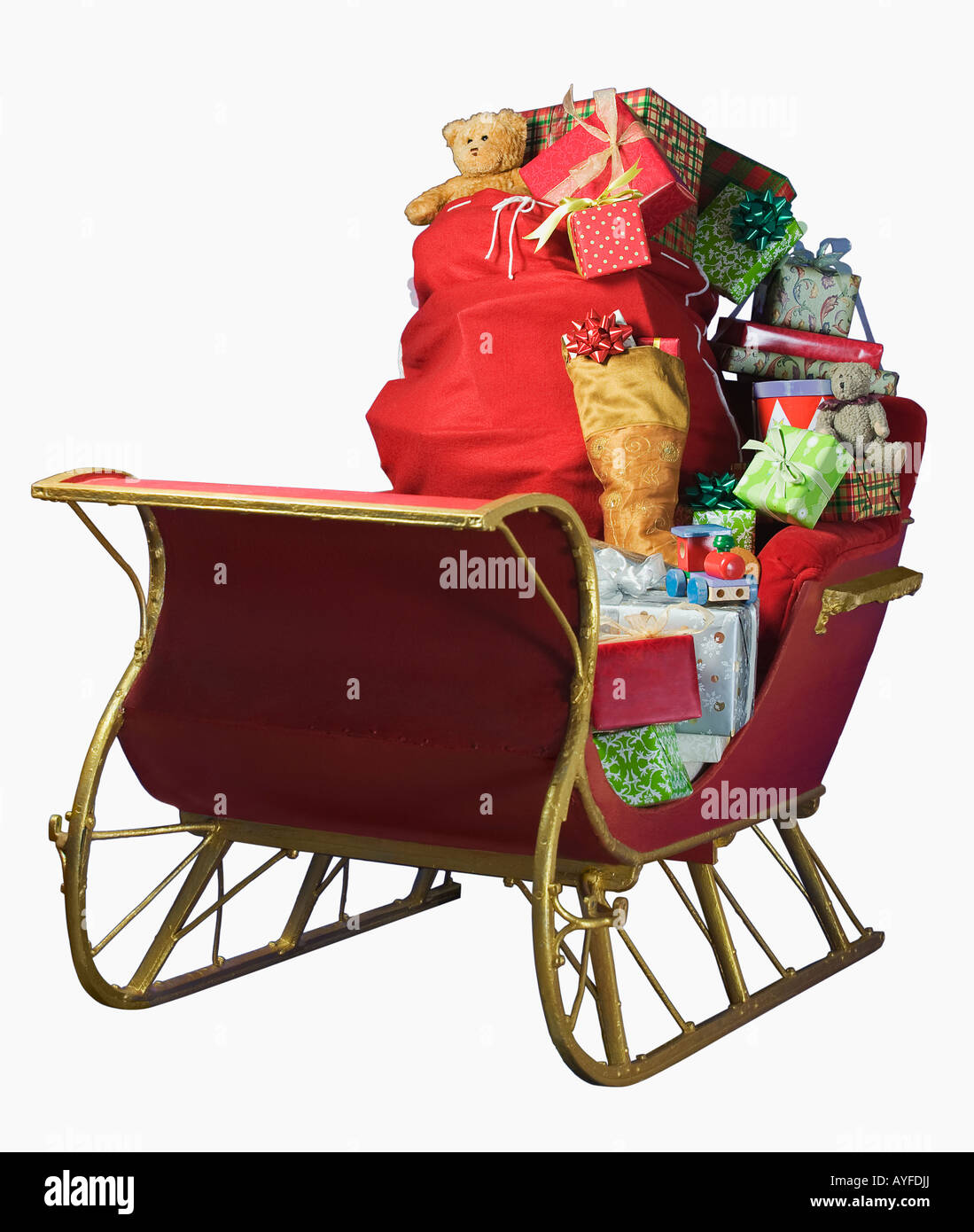 Sleigh with bag of Christmas toys Stock Photo Alamy