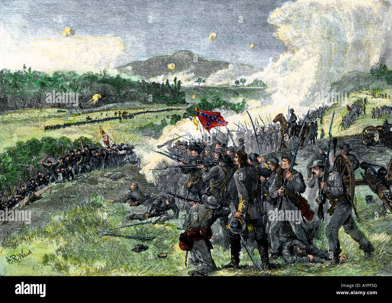 Confederates fighting to hold the heights in the Battle of Resaca US Civil War 1864. Hand-colored woodcut Stock Photo