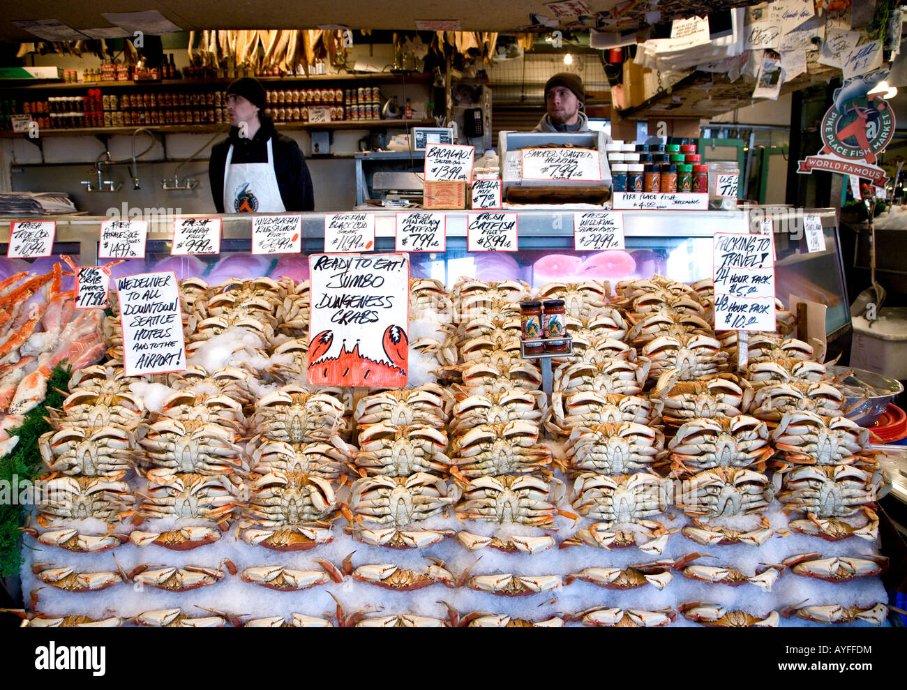 Seattle Washington State USA Fish stall Pike Place Market Dungeness