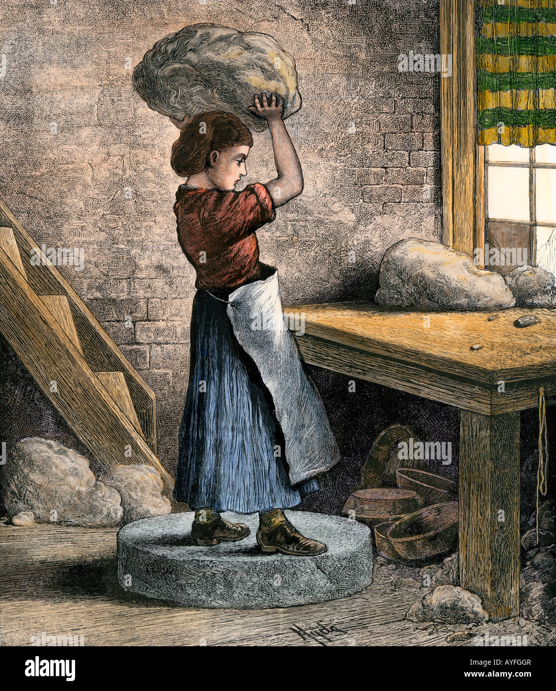 Girl throwing clay to drive out air in a pottery factory in Trenton New Jersey 1870s. Hand-colored woodcut Stock Photo