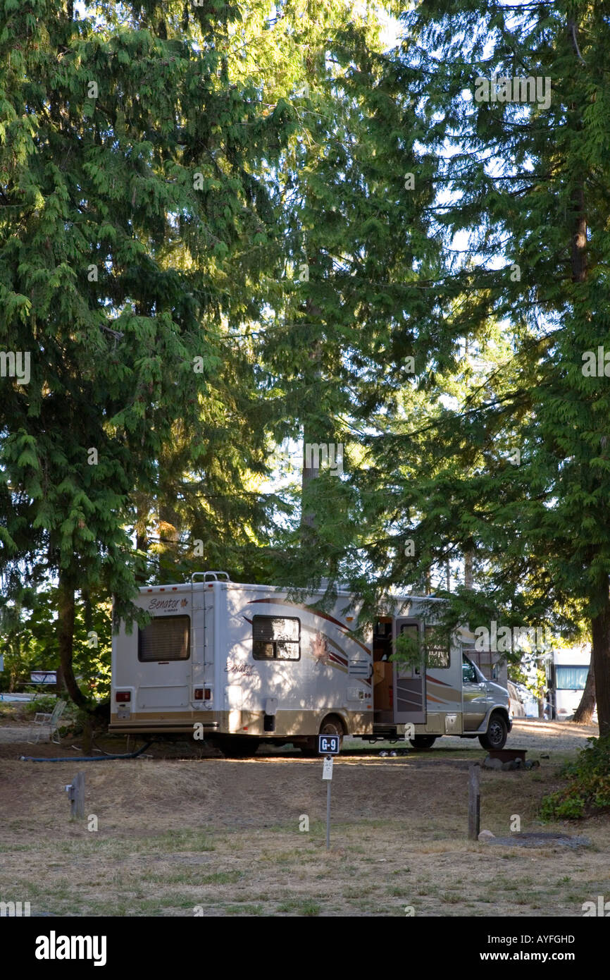 Motor caravan parked in Living Forest campsite Nanaimo Vancouver island