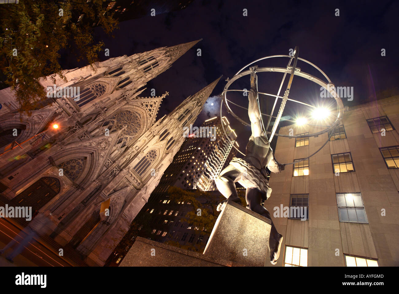 Atlas Statue and St. Patricks Cathedral, New York City Stock Photo