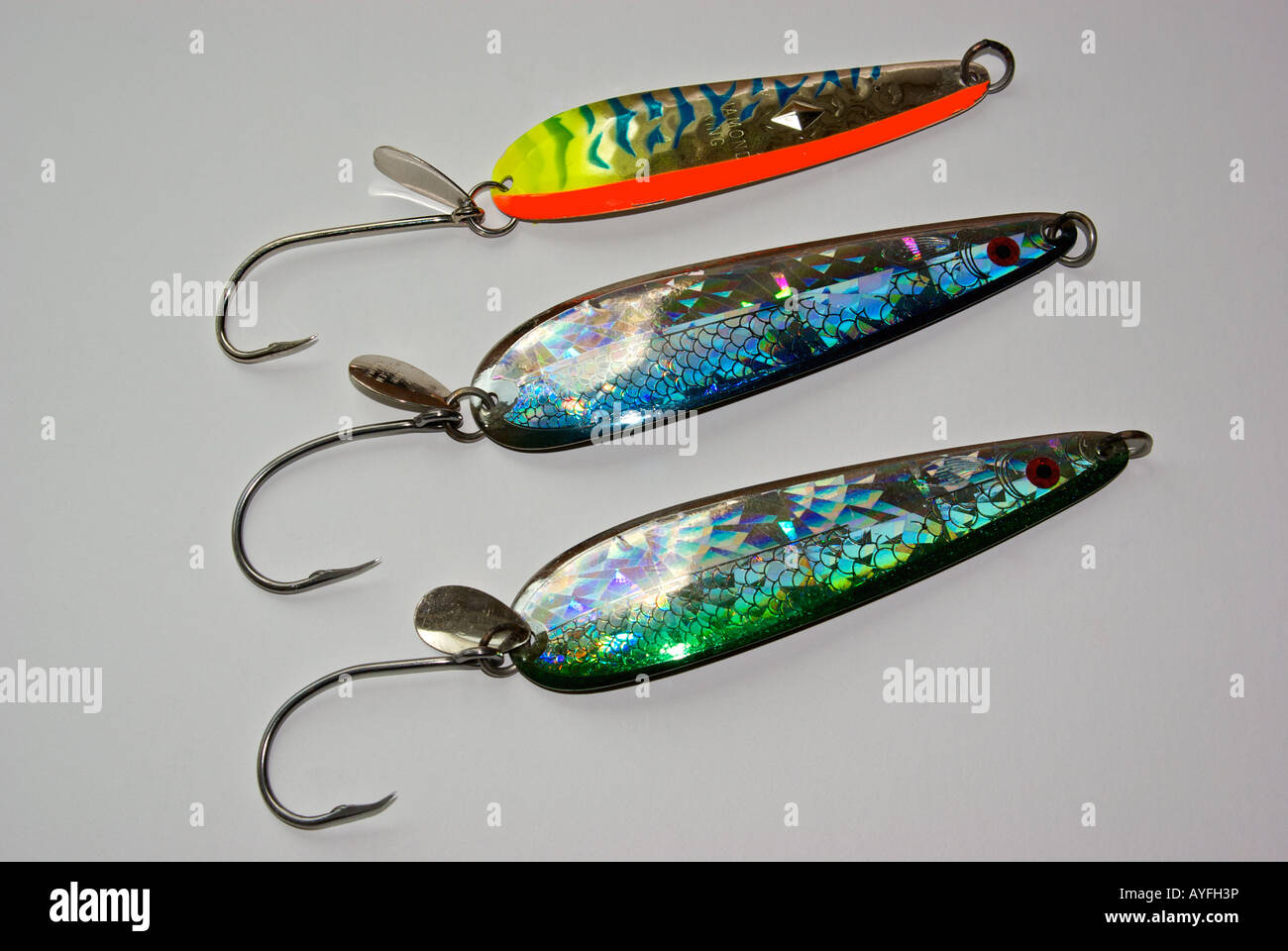 Luhr Jensen Diamond King and Coyote trolling spoons for salmon Stock Photo  - Alamy