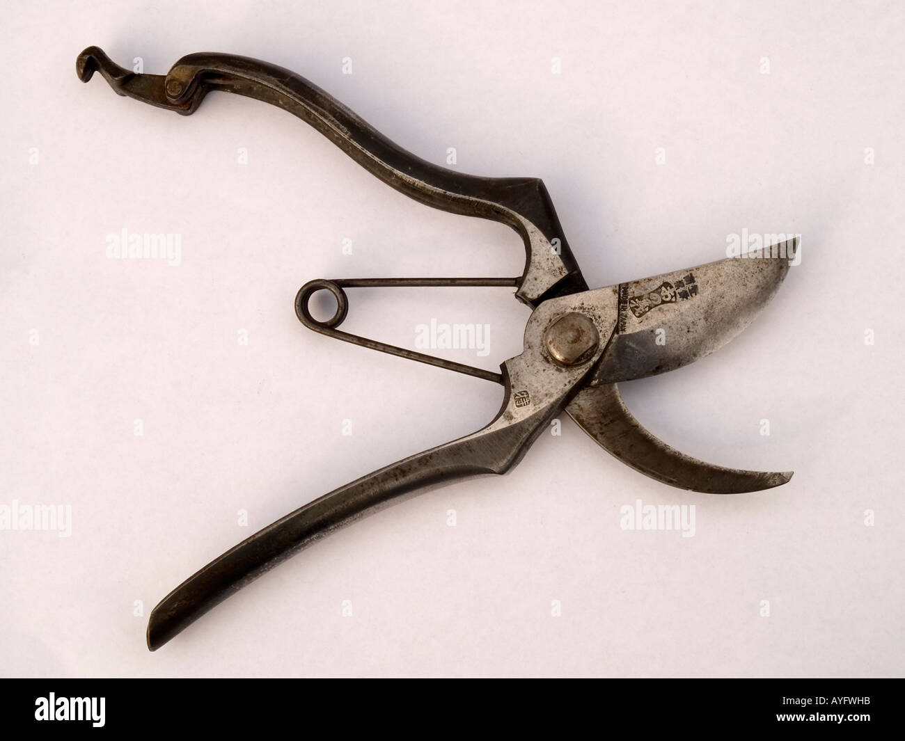 An open pair of Japanese Steel secateurs on a white background Stock