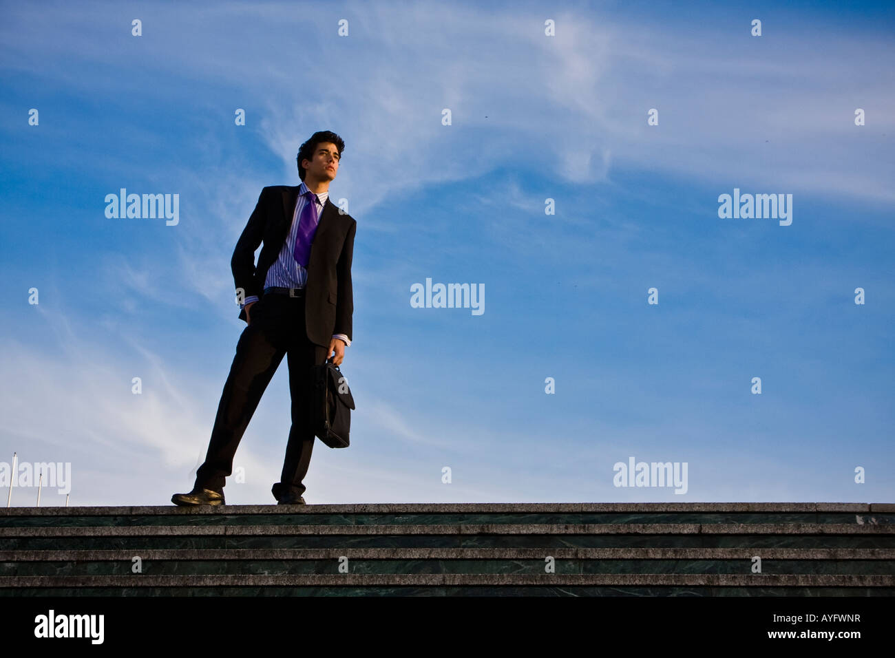 Businessman posing on stairs against blue sky Stock Photo - Alamy