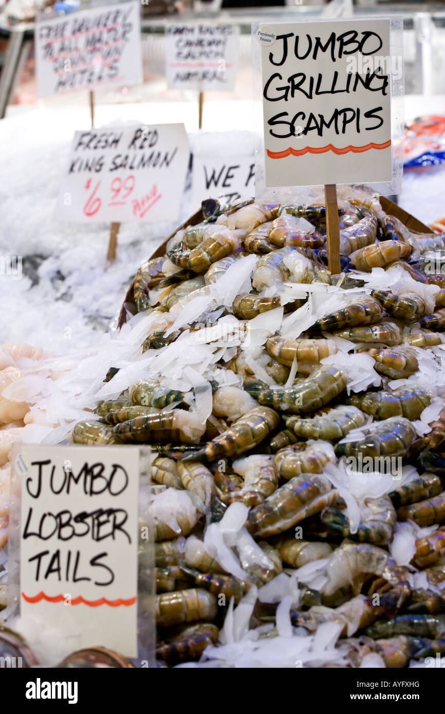 Seattle Washington State USA Shell fish prawns scallops and signs at
