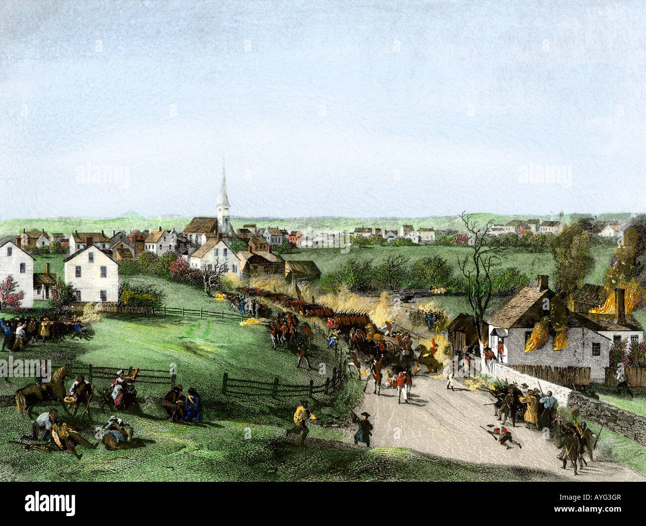 Retreat of the British from Concord at the outset of the American Revolution 1775. Hand-colored steel engraving Stock Photo