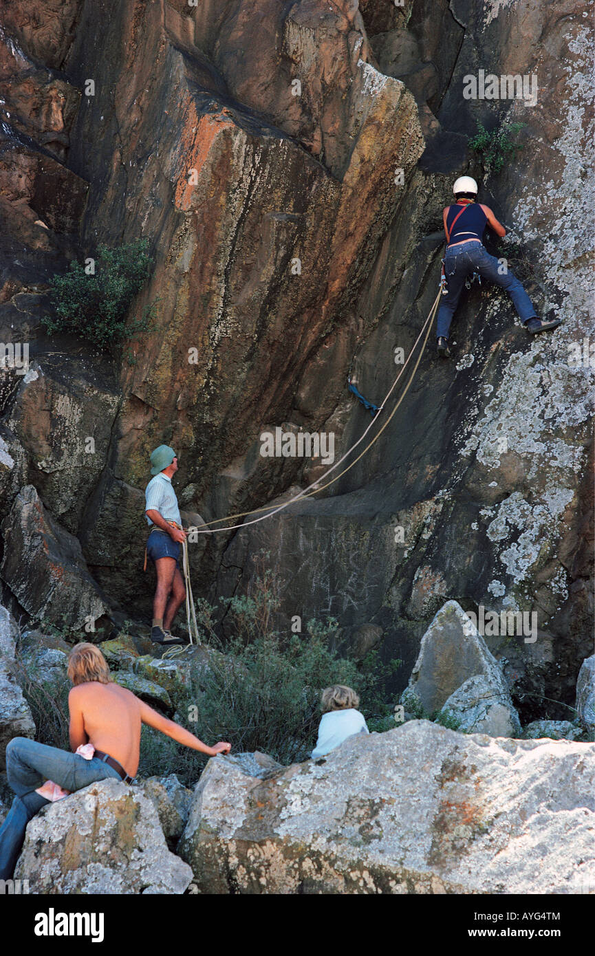 Rock Climbers scaling Fischer s Tower in Hell s Gate Gorge Lake Naivasha Kenya East Africa Stock Photo