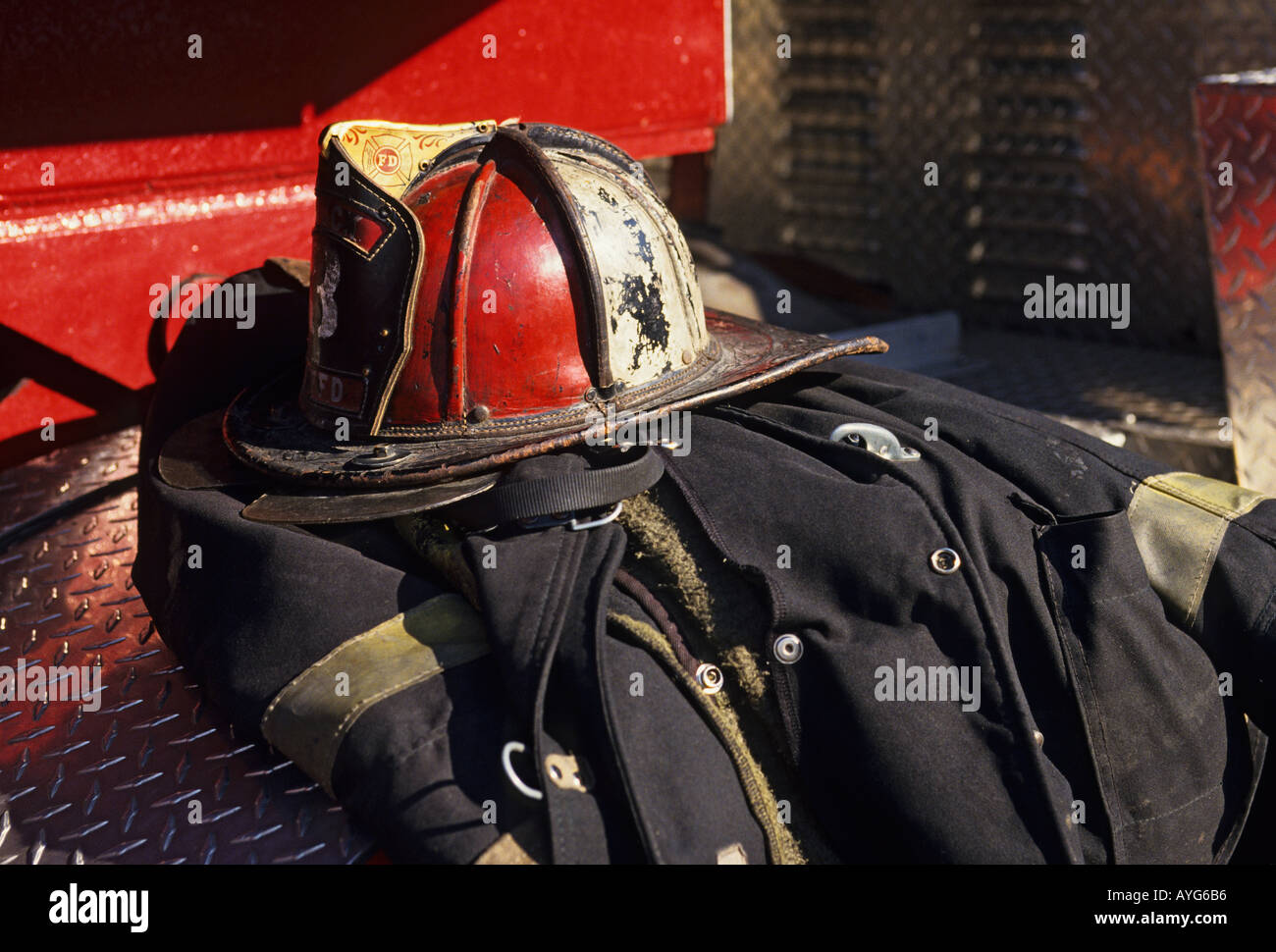 firefighter s helmet and coat San Francisco California Stock Photo