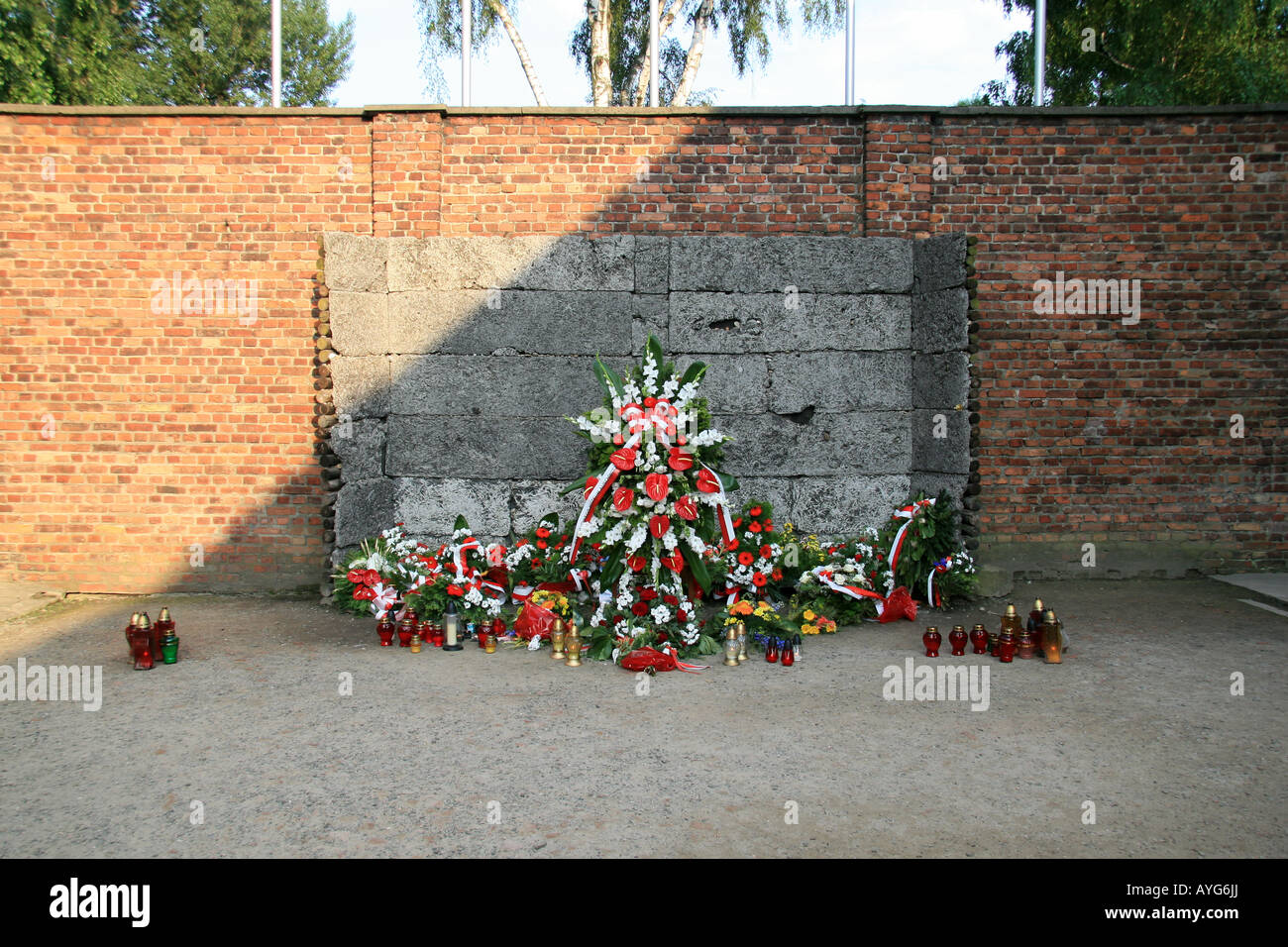 The Death Wall (execution wall) between Blocks 10 and 11, Auschwitz-Birkenau Museum, Oswiecim, Poland. Stock Photo