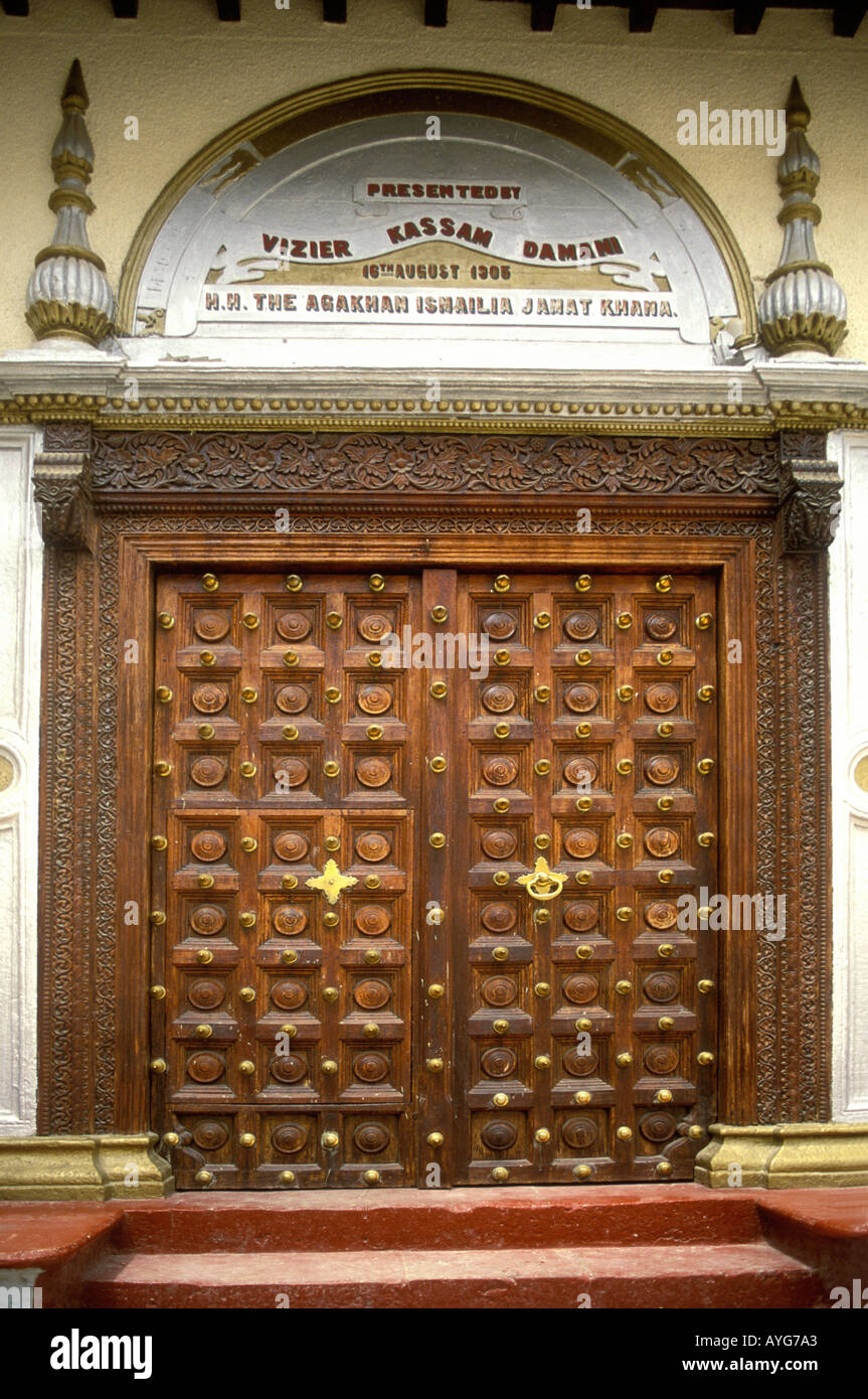 Typical traditional wooden carved door in the stone town of Zanzibar Tanzania East Africa Stock Photo