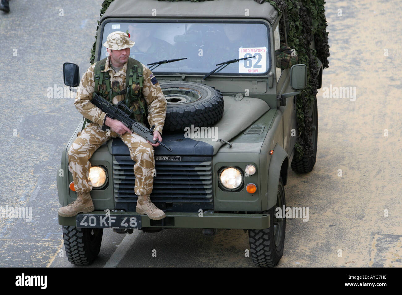 Soldier on an army land rover during the  Lord Mayor’s Parade Stock Photo