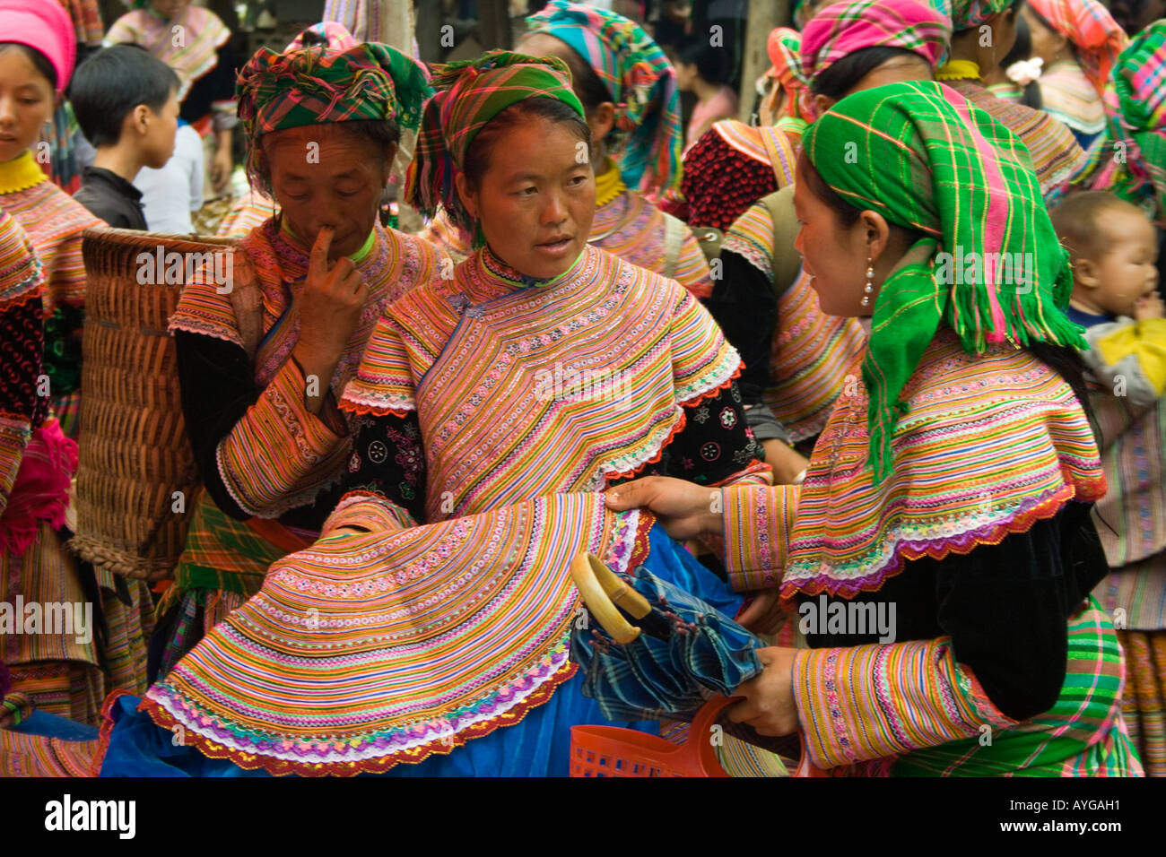 Flower Hmong Women Buy and Sell Colouful Clothing and Fabrics Bac Ha