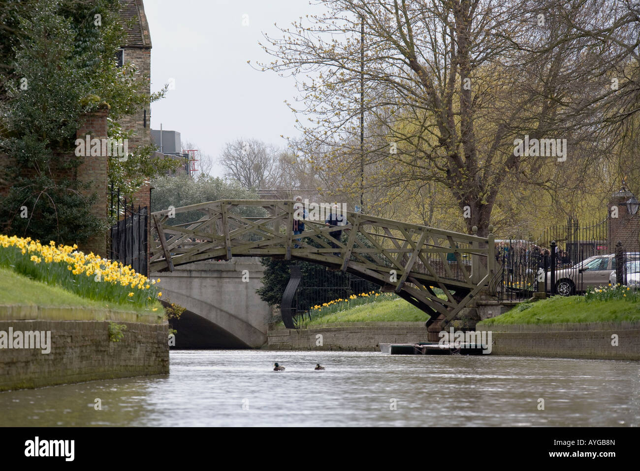Famous Mathematical Bridge over the River Cam between buildings of Queen's College. Stock Photo