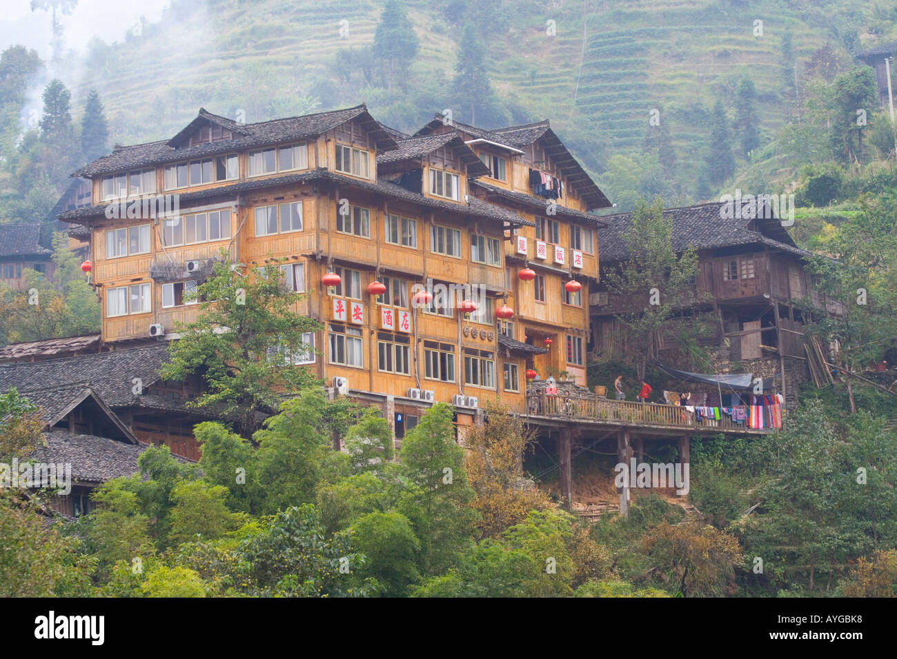 Hotel in a Traditional Style Building in Zhuang Minority Village of Ping An Longsheng China Stock Photo