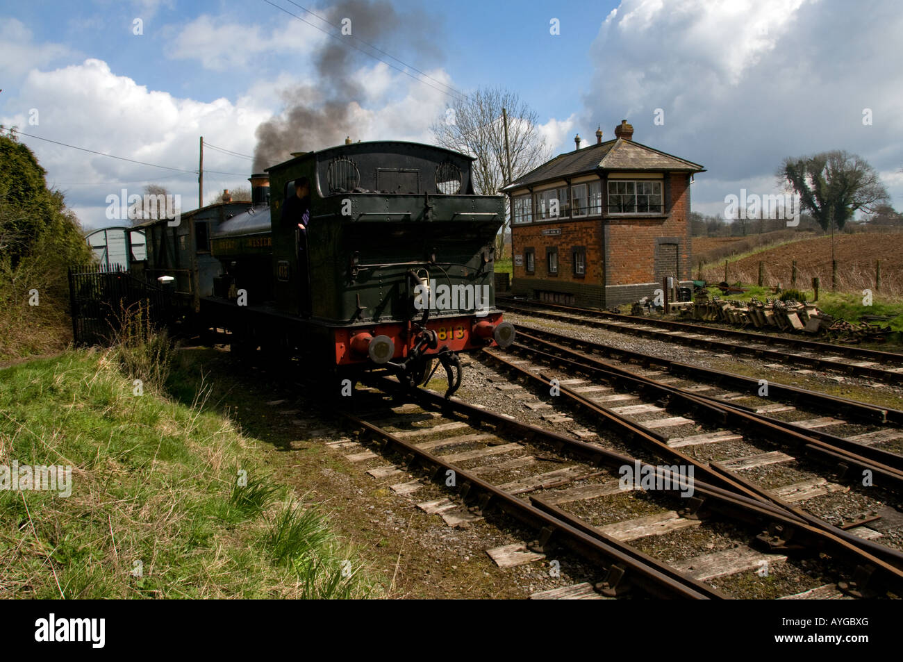 Steam locomotive 813 reversing on to main track at Cranmore station East Somerset Steam Railway Stock Photo