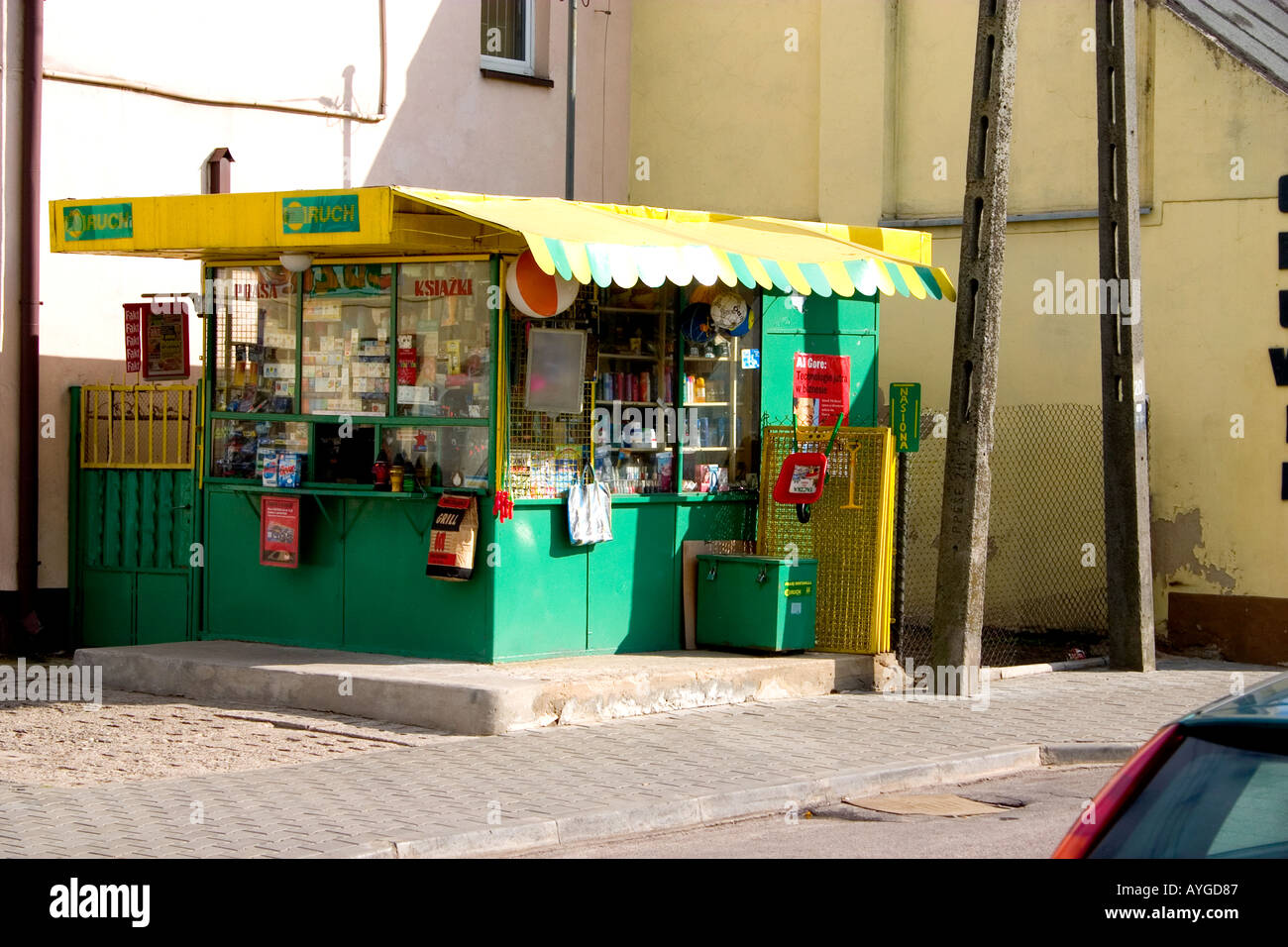 Small shop or kiosk on Polish sidewalk. Rawa Mazowiecka Poland Stock Photo