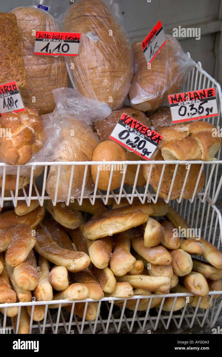 Racks of bread sold at an outdoor market. Rawa Mazowiecka Poland Stock Photo