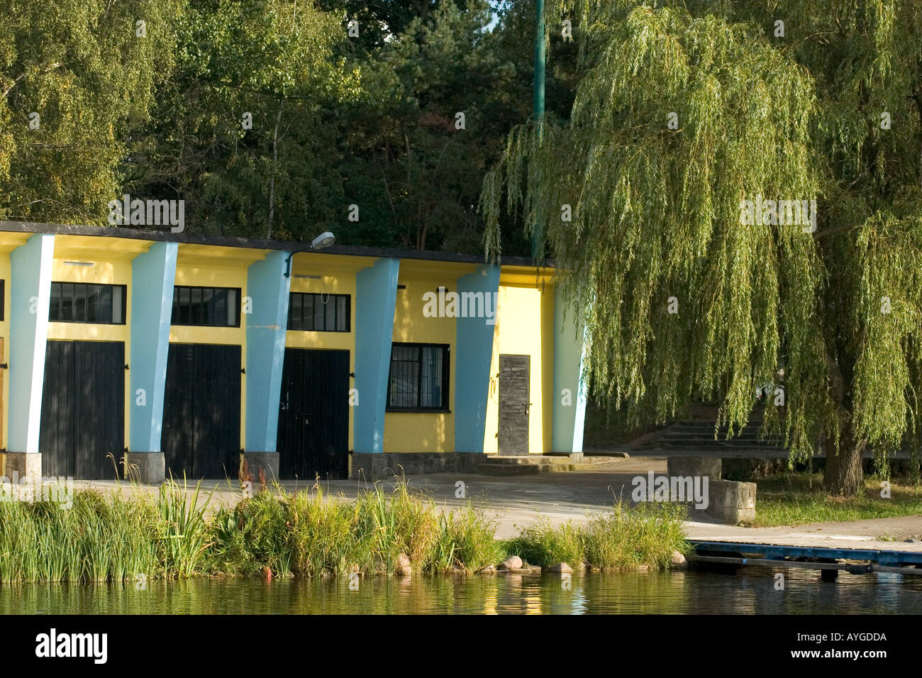 Waterfront pavilion at the Zalew Tatar Lagoon and park. Rawa Mazowiecka Poland Stock Photo