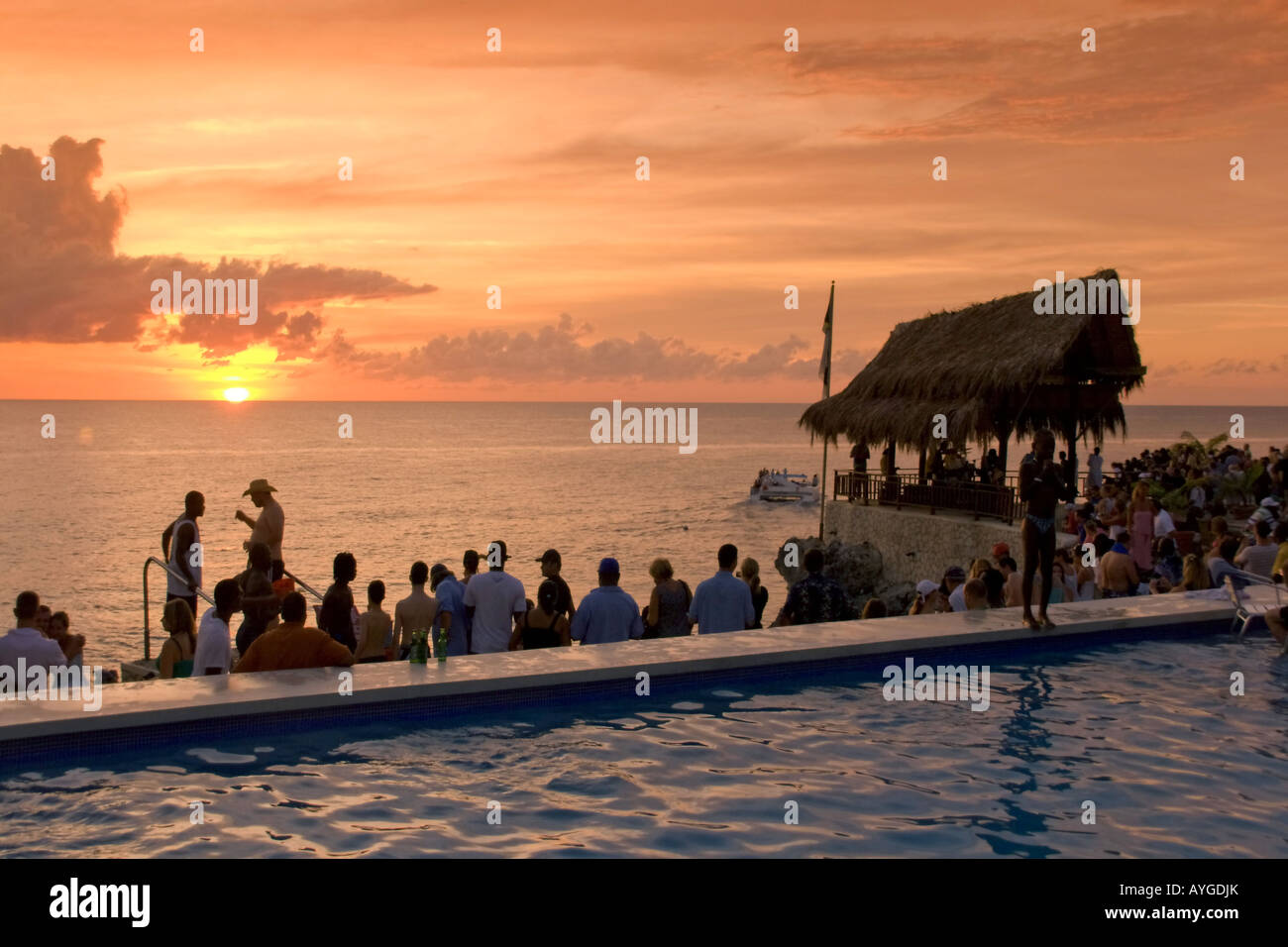 Jamaica Negril Rick s Cafe open air bar viewpoint at sunset Stock Photo