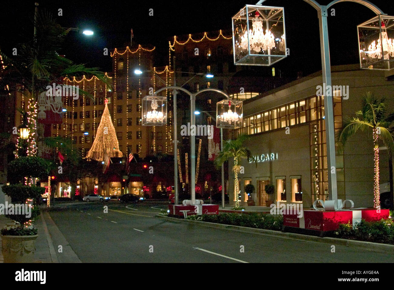 Night view of Rodeo Drive with holiday lights Beverly Hills Los Angeles