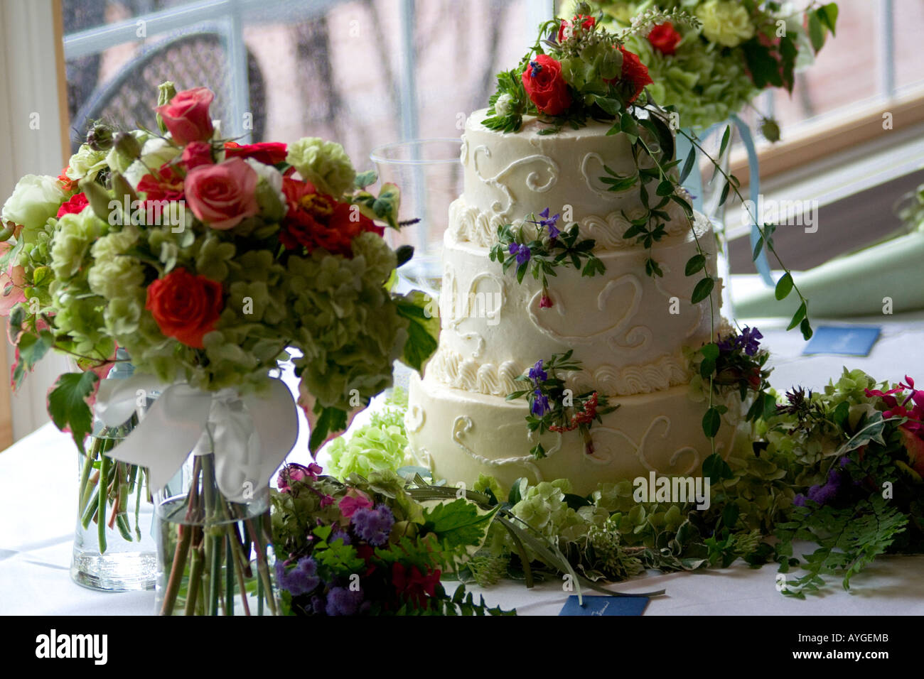 Wedding Cake with Flowers Stock Photo