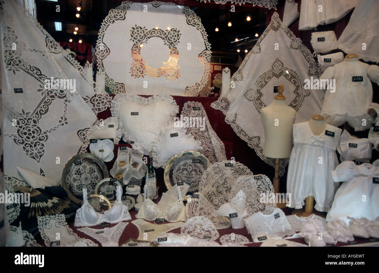belgium west flanders brugges the window of a lace shop Stock Photo