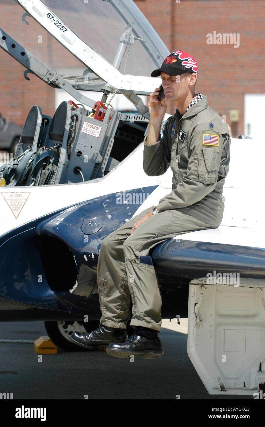 Pilot sitting on the wing of plane at the Air Show at Selfridge Air Force Base Mt Mount Clemens Michigan MI Stock Photo