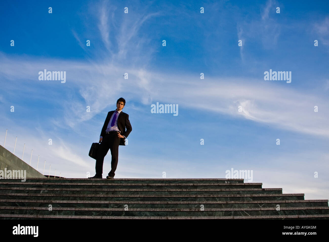 Businessman posing on stairs against blue sky Stock Photo - Alamy