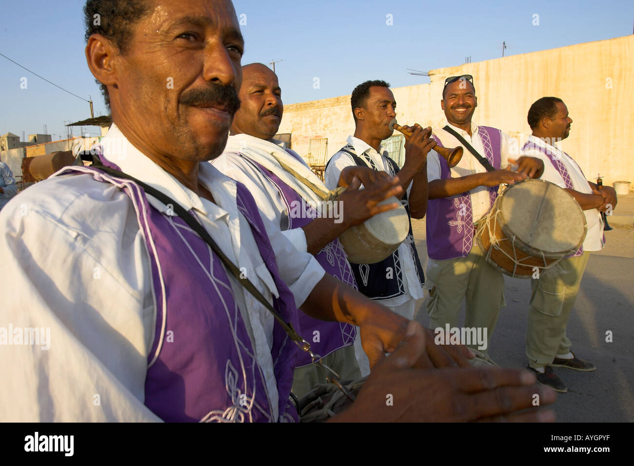 Musicians play wedding street parade Nefta Tunisia Stock Photo