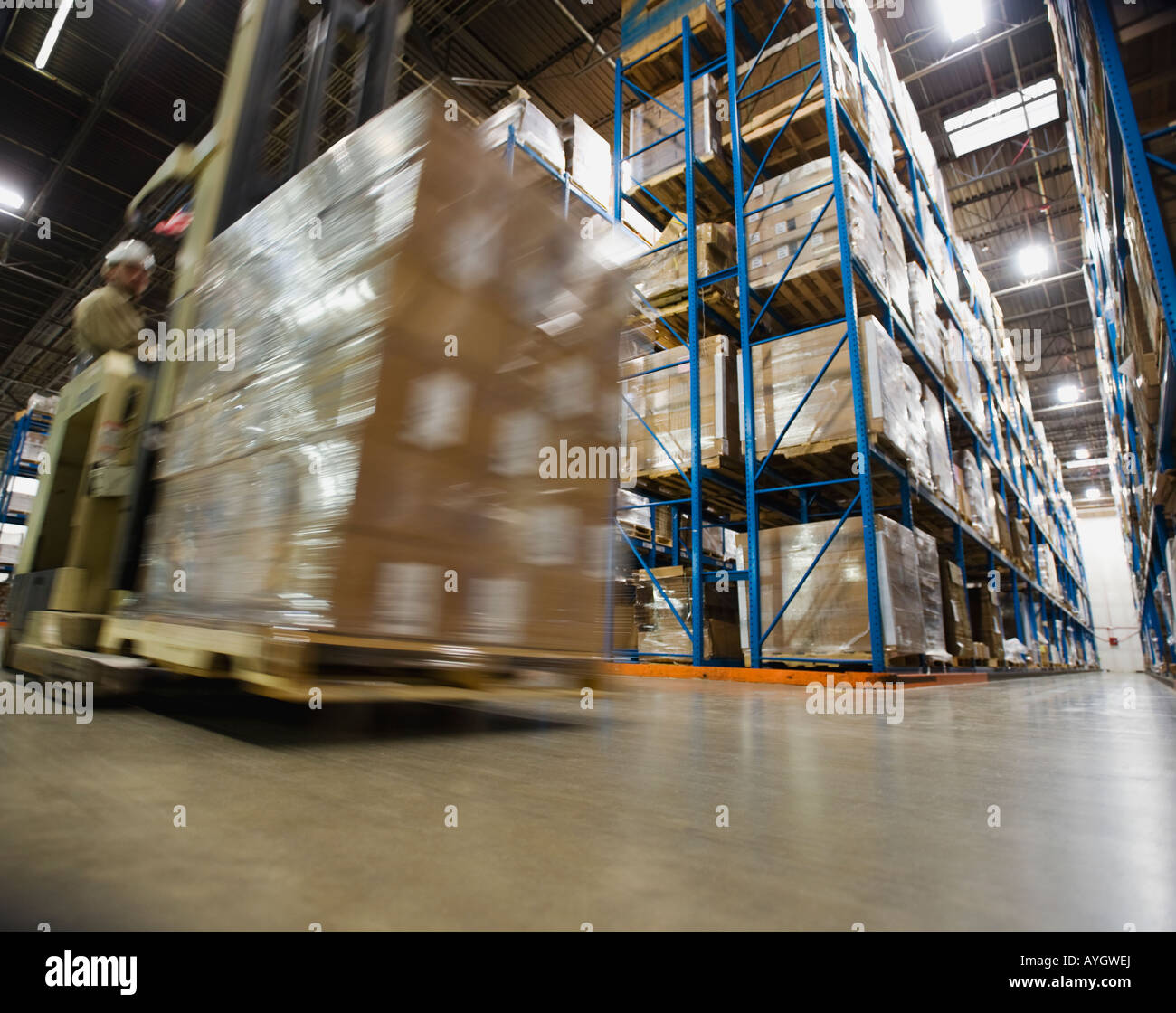 Warehouse worker driving forklift with palette Stock Photo