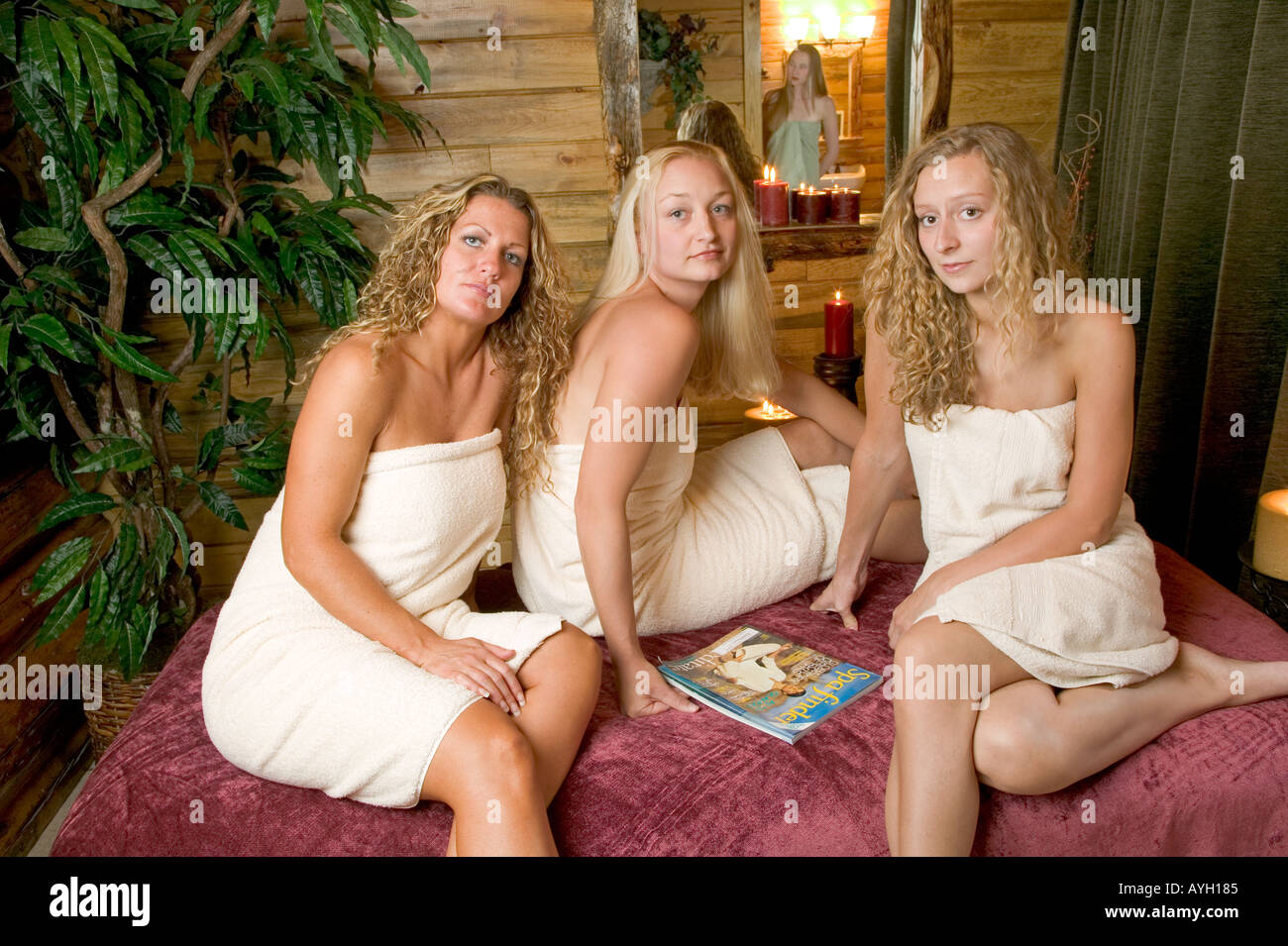 Three women enjoy a day at the spa Stock Photo