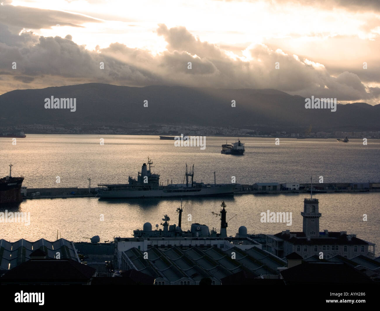 Dusk over Shipyard Bay of Gibraltar Stock Photo