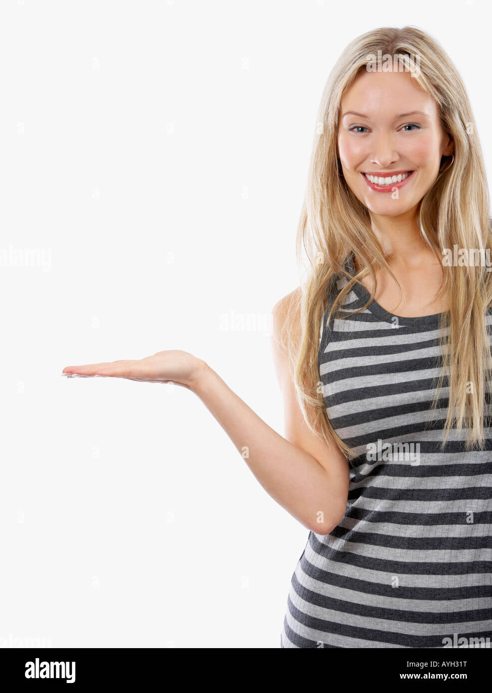 Woman holding out hand palm up Stock Photo Alamy