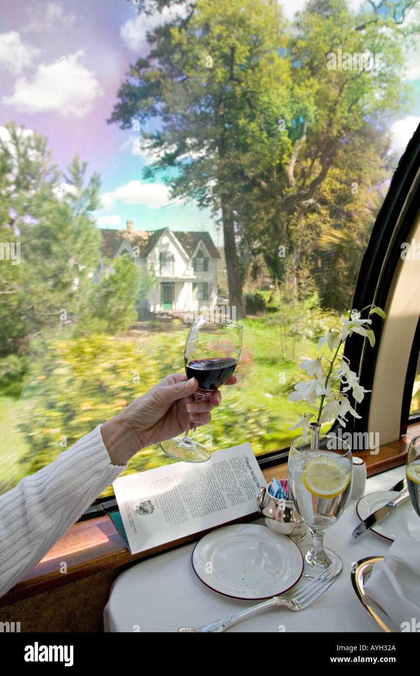 Enjoying lunch in a rail dining car as the train passes through the countryside Stock Photo