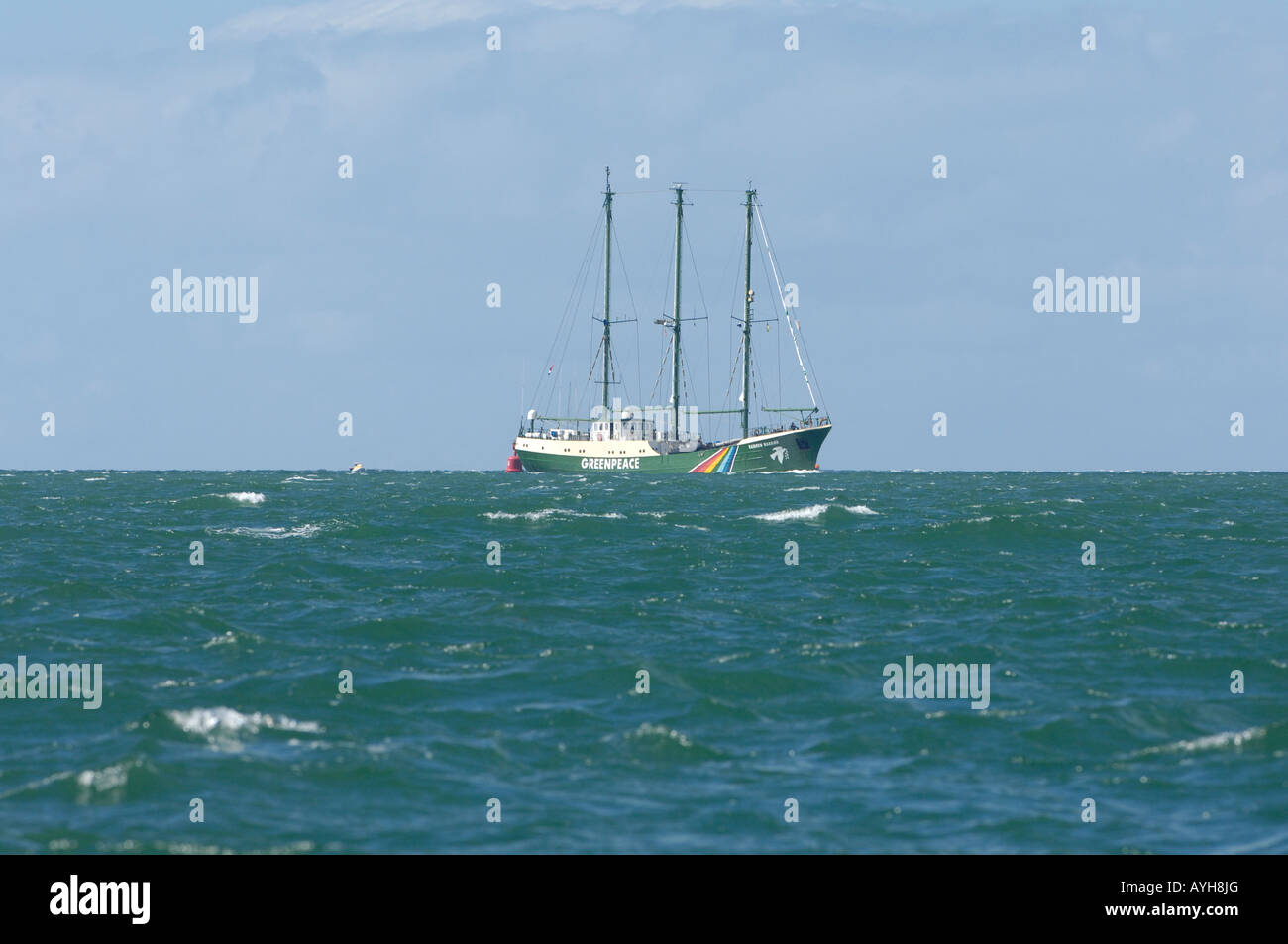 Greenpeace three masted schooner Rainbow warrior in the Hauraki Gulf Auckland New Zealand Stock Photo