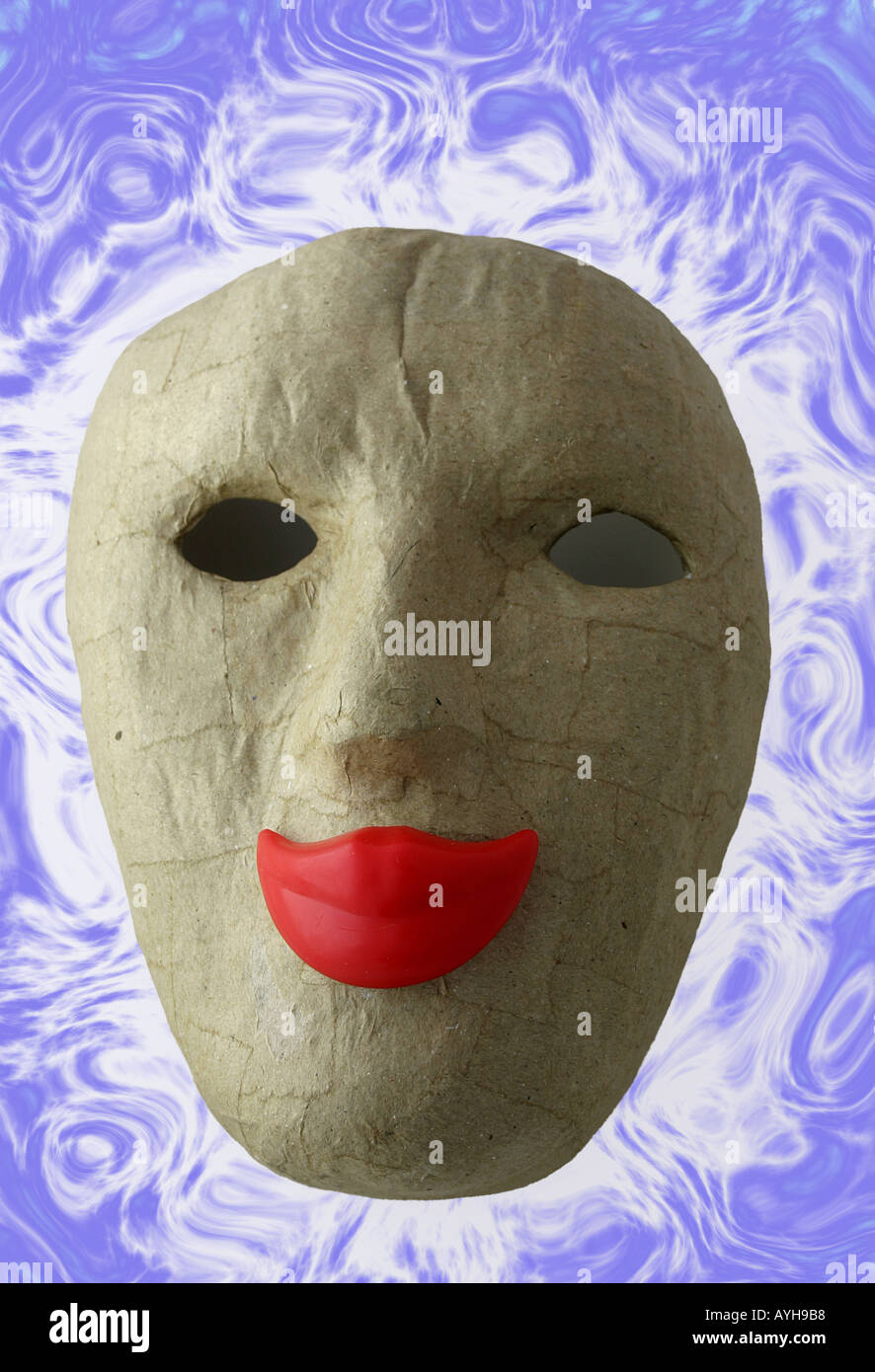 Face mask with smiling red lips and emphasised cornona or aura around the mask Stock Photo