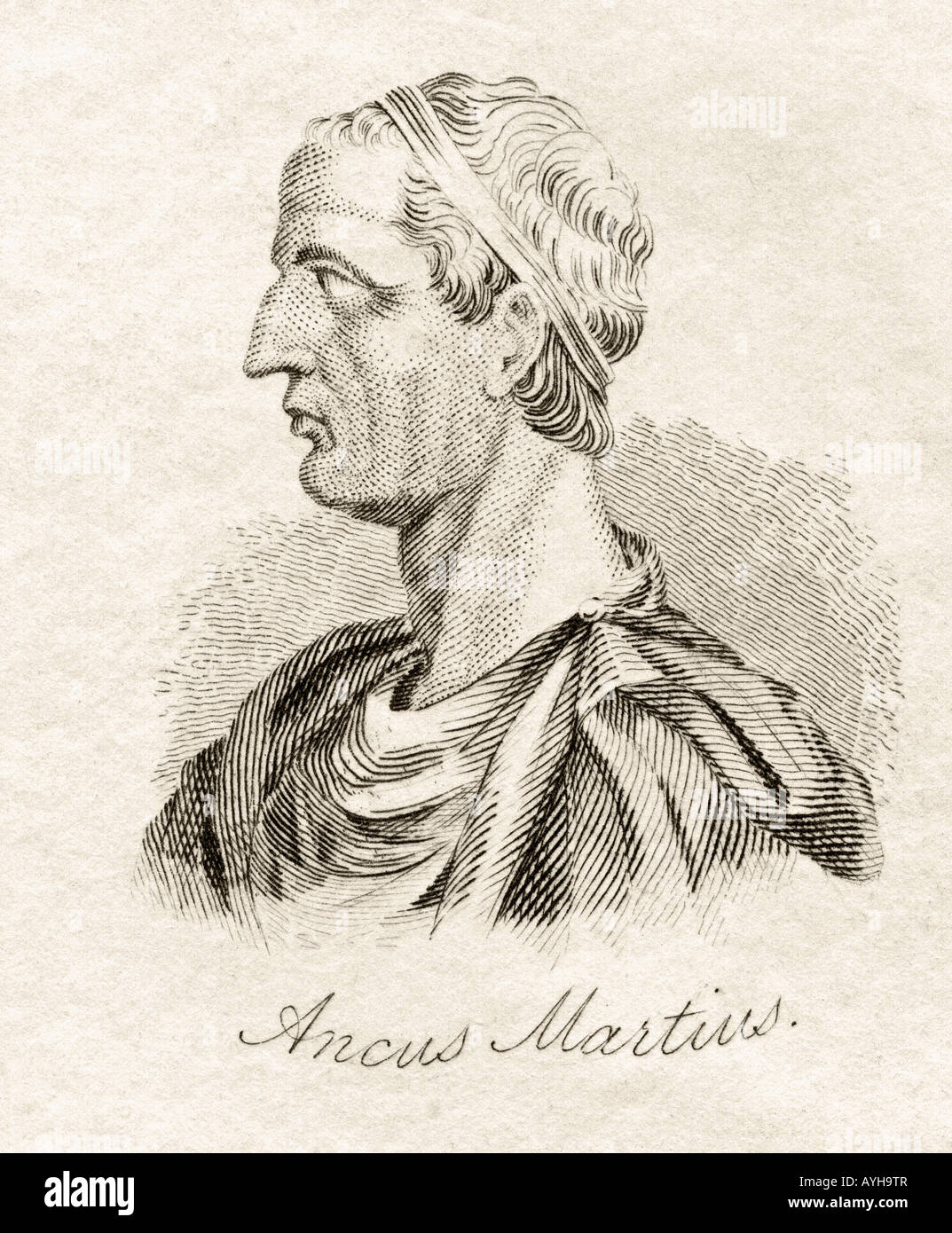 Ancus Marcius, 640BC - 616BC.  Fourth king of Rome.  From the book Crabb's Historical Dictionary, published 1825. Stock Photo