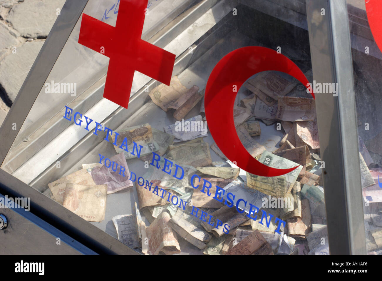 safe box for donations for the Egyptian Red Crescent the equivalent of