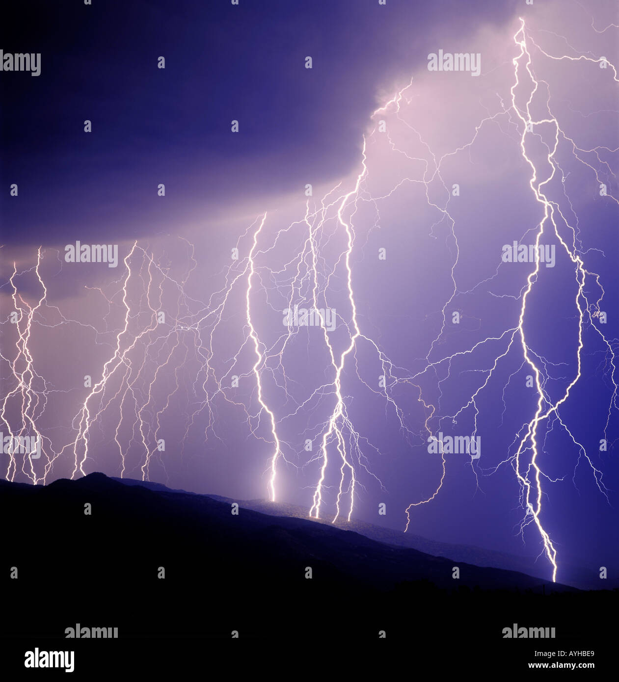 Close striking lightning bolts during summer a monsoon storm on the Rincon Mountains in Tucson, Arizona, United States. Stock Photo