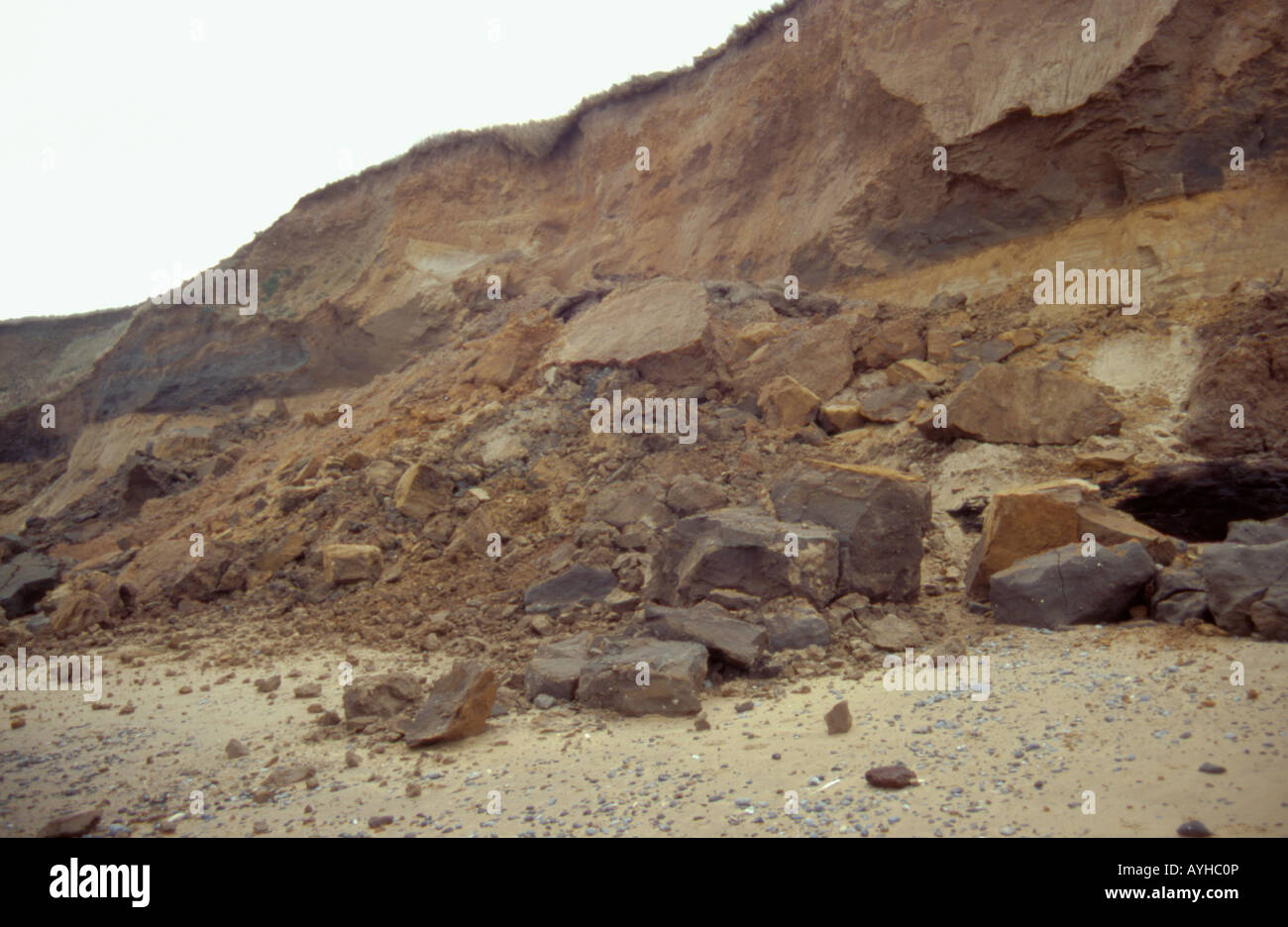 Collapsed area of 'Ice Age' glacial deposit cliff, after storm surge of 8 / 9 November 2007, West Runton, Norfolk, England, UK Stock Photo