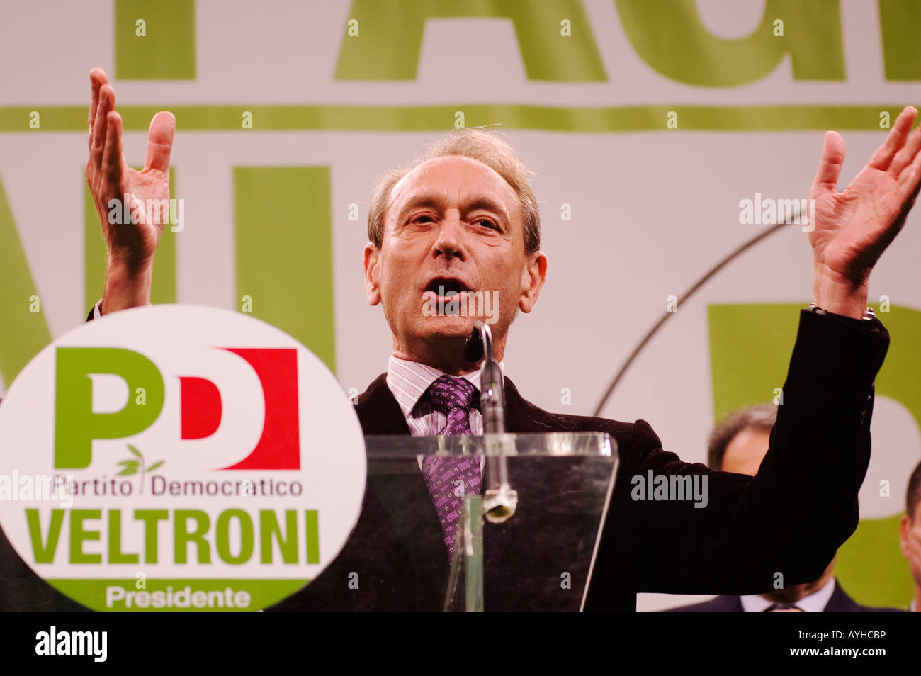Bernard Delanoe mayor of Paris gives his support with a speech during the last day of the election campaign of Walter Veltroni Stock Photo