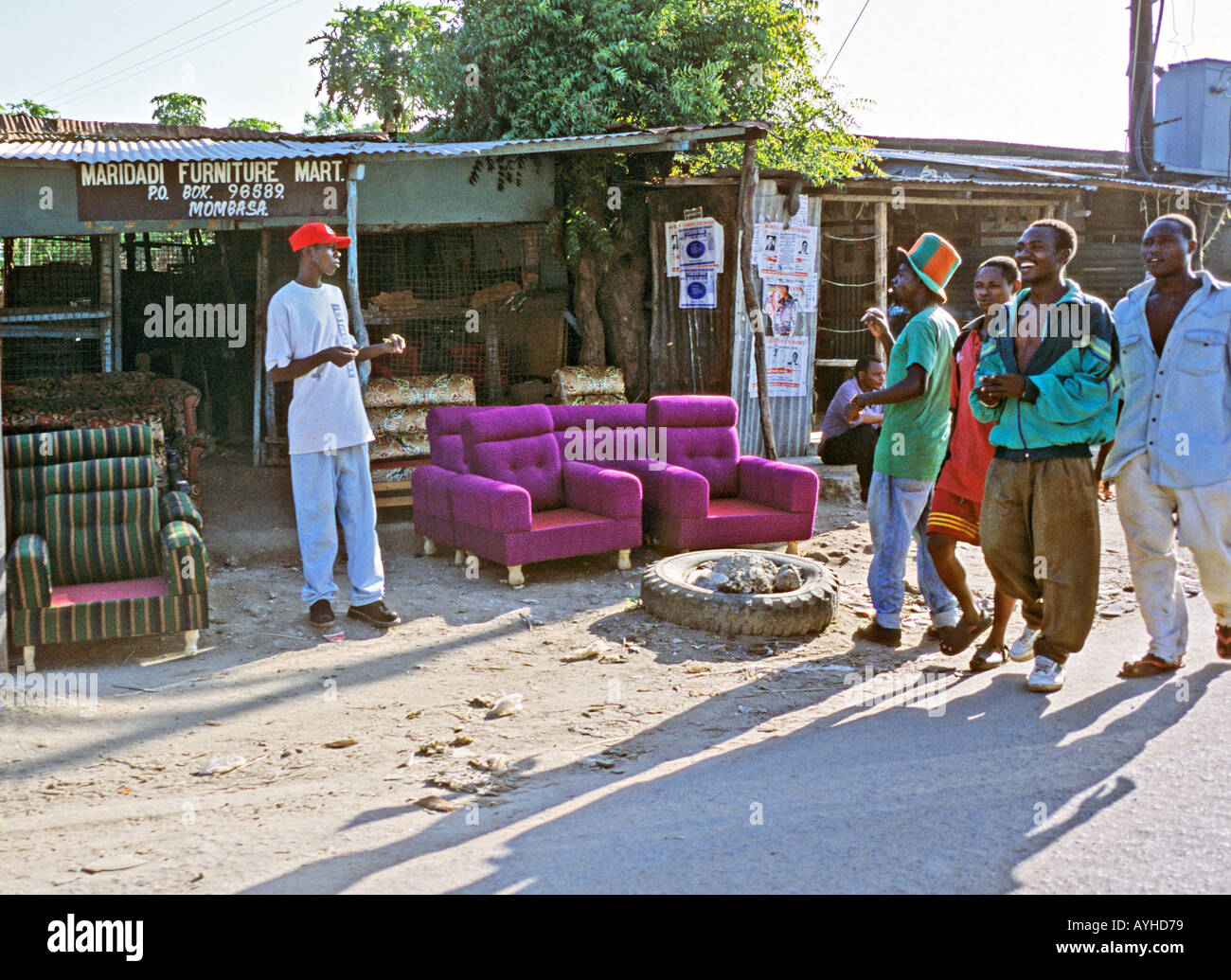 AFRICA KENYA MOMBASA Street scene in Mombasa with open air furniture