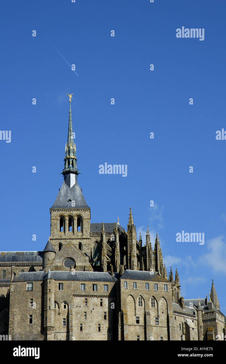 Mont st michel steeple and spire of the gothic abbey Stock Photo - Alamy