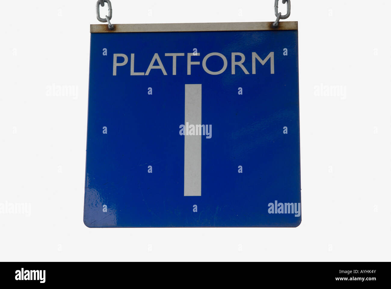 Platform 1 - railway sign with white text on former BR eastern region blue background. Stock Photo