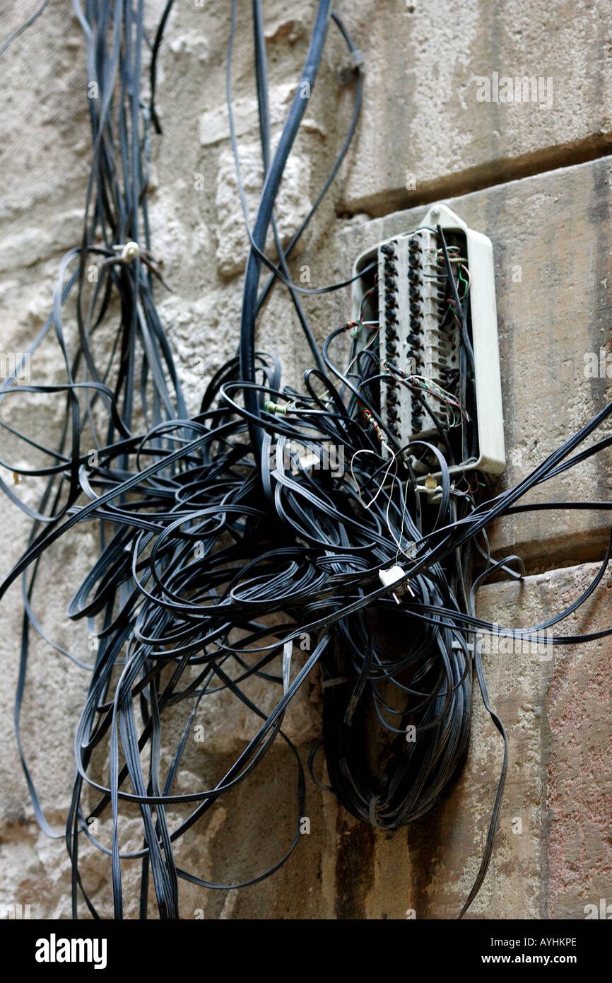 General view of electrical wiring outside a building in Barcelona, Spain  Stock Photo - Alamy