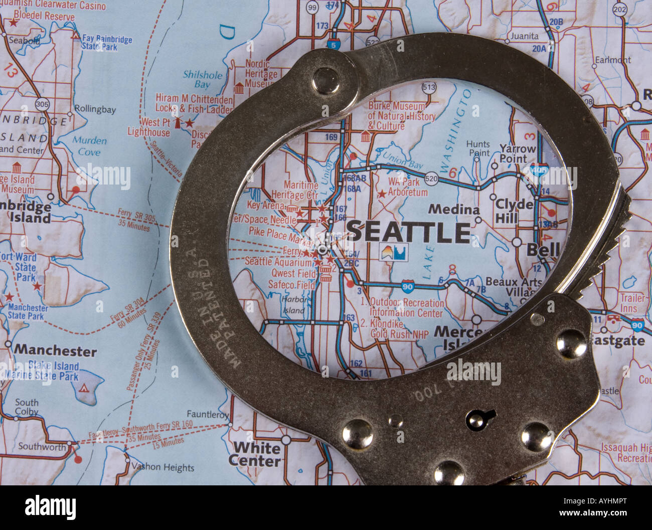 Set of handcuffs on Seattle, Washington map Stock Photo